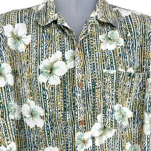Vtg 90s Baja Blue Hawaiian Shirt L Green Hibiscus Floral Dad Aloha Woody Button